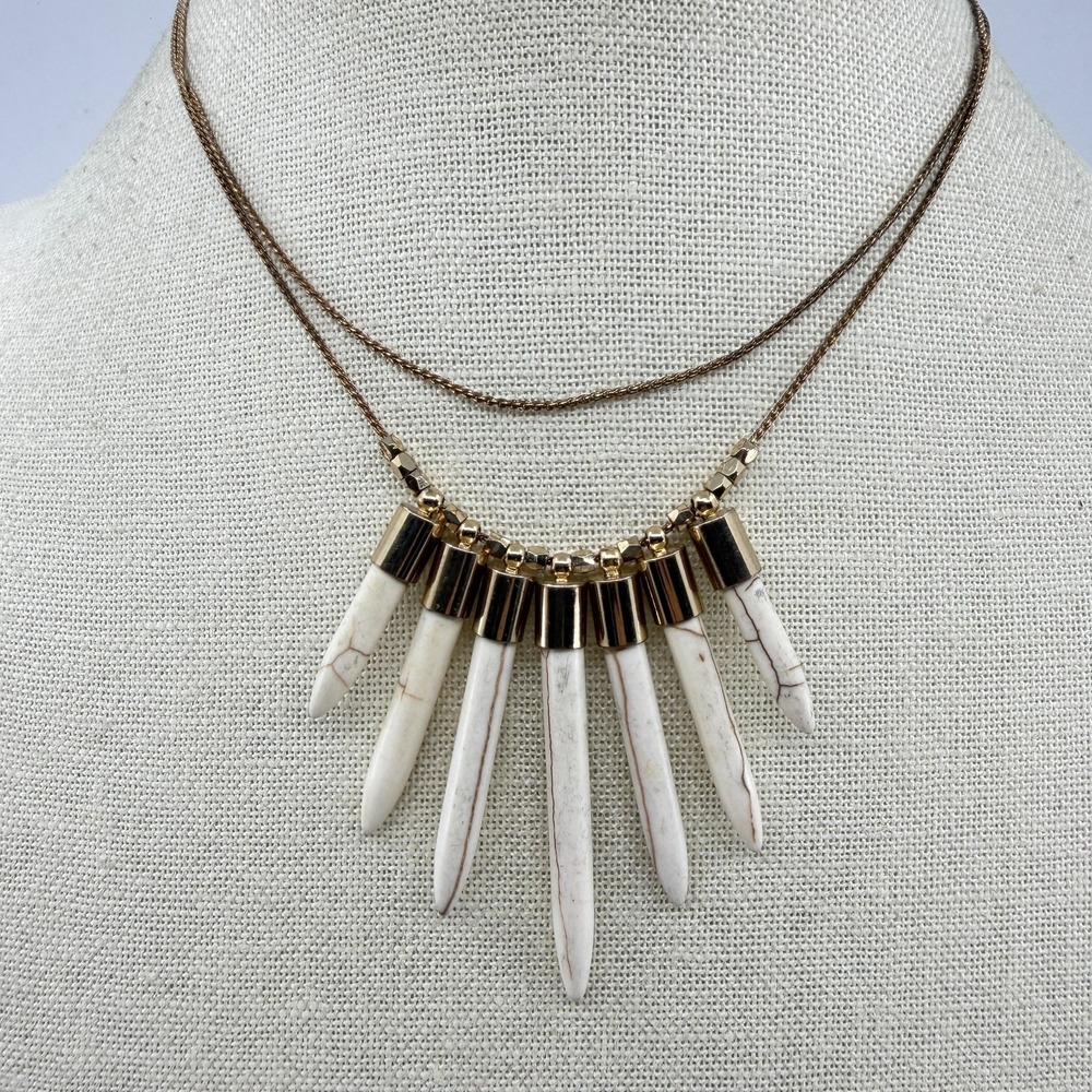 Gold Tone White Stone Spike Statement Necklace Boho Layered Festival Jewelry